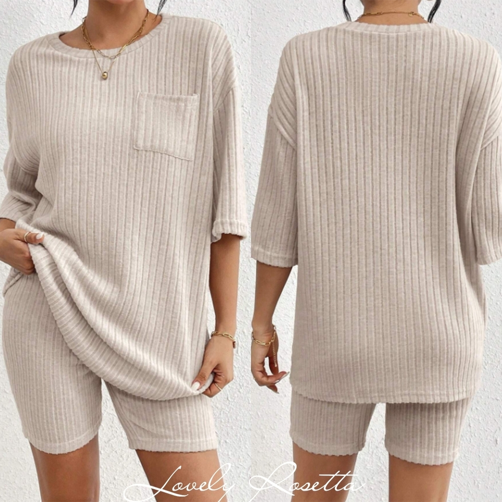 Beige Women's Ribbed Shorts Set - Picture 7 of 13